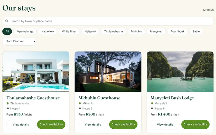 SkyeLandon website showing Thulamahashe, Mkhuhlu and Manyeleti stays with nightly prices